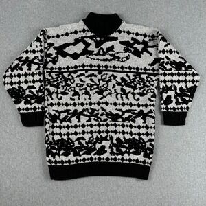 Vintage 80s Jonathan Cass Knit Sweater M Intarsia Black White Tribal Made in USA